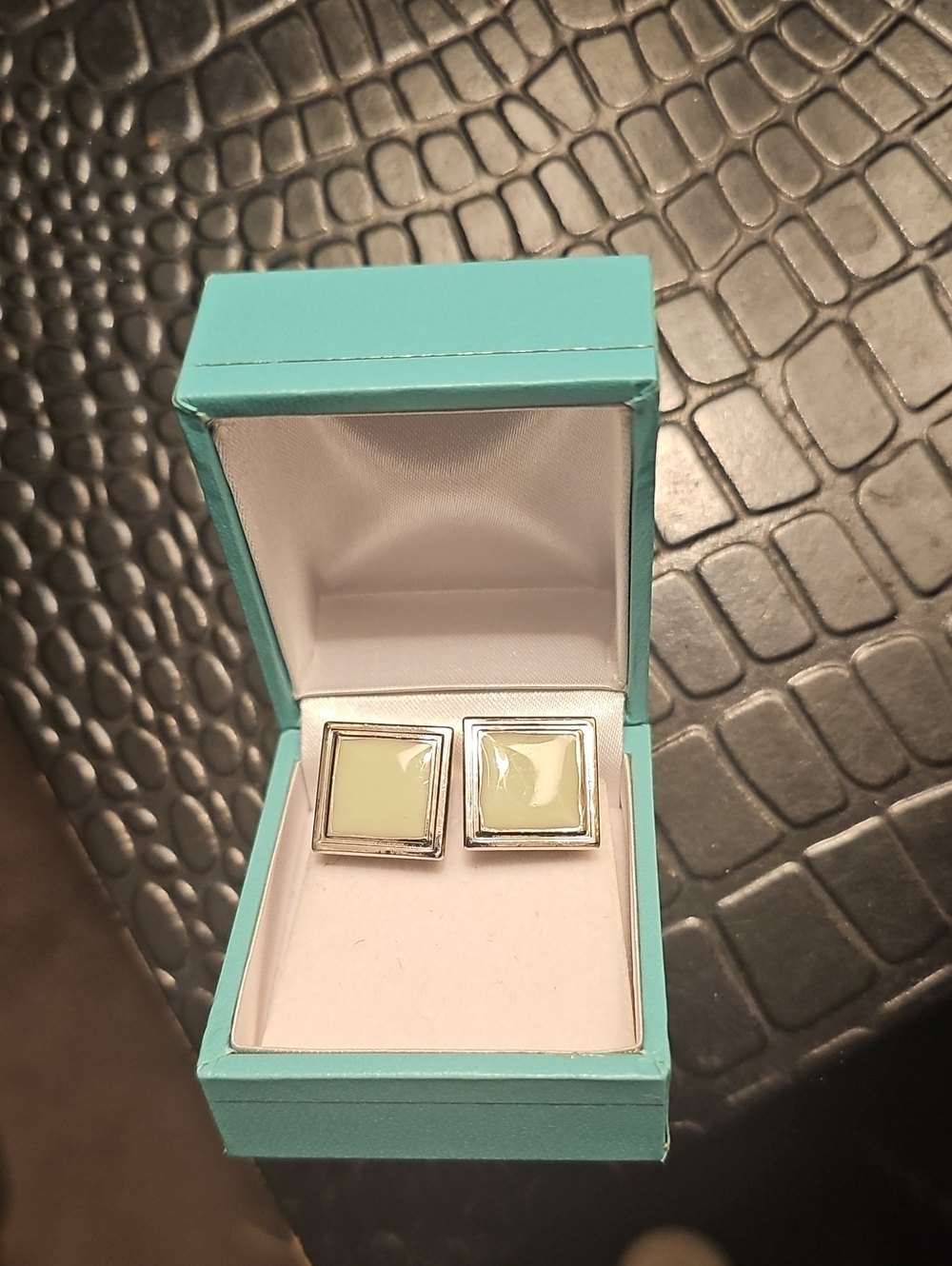 Men's Square Light Green Enamel Cufflinks - Classic Silver Frame